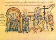 Передбачення Святого Андрія про виникнення Києва й установка хреста на місці майбутньої Андріївської церкви. Ілюстрація з Радзивілівського літопису.  Передбачення Святого Андрія про виникнення Києва й установка хреста на місці майбутньої Андріївської церкви. Ілюстрація з Радзивілівського літопису.